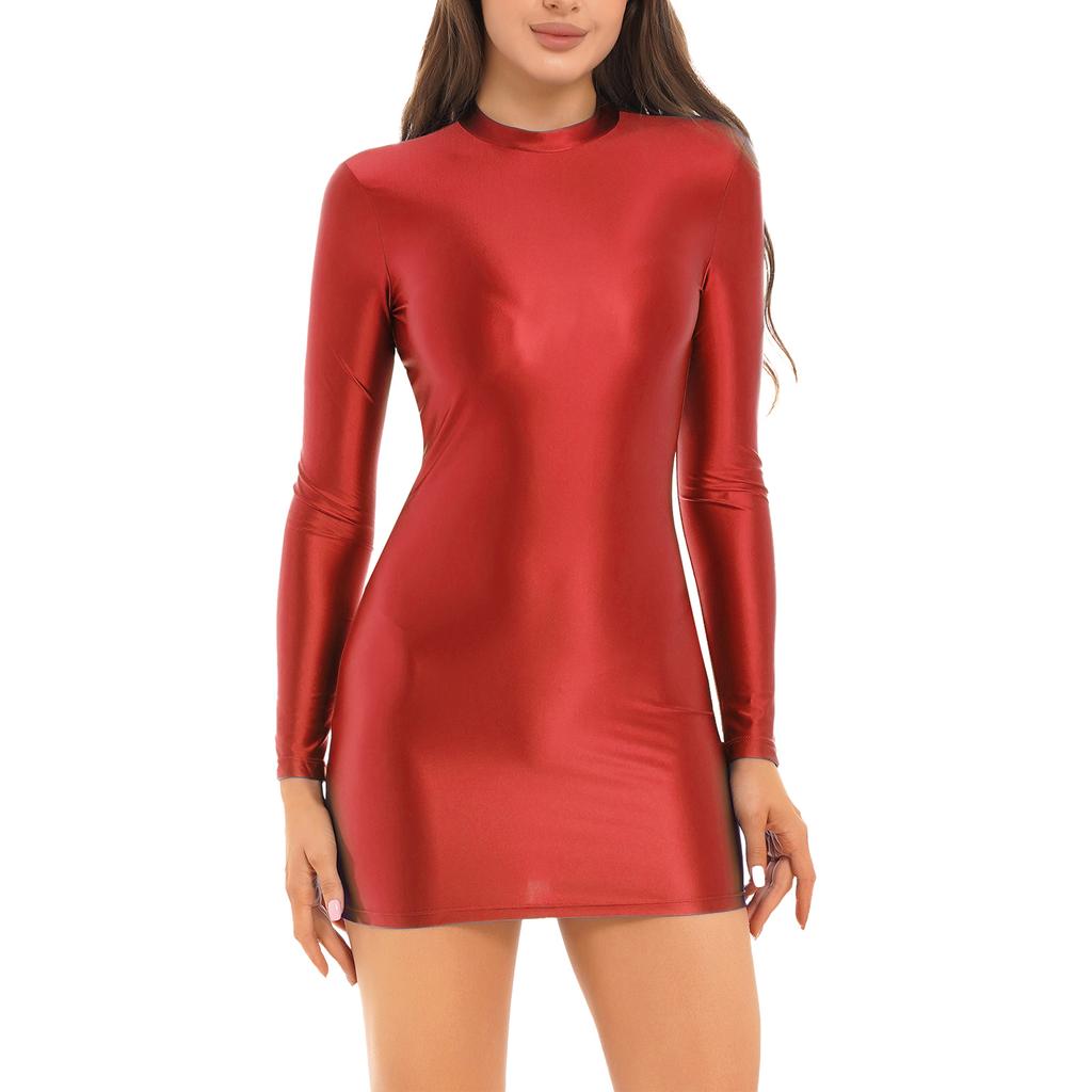 Womens Long Sleeve Bodycon Dress Glossy Smooth Fabric Stretchy Mock Neck Tight Nightwear Dress