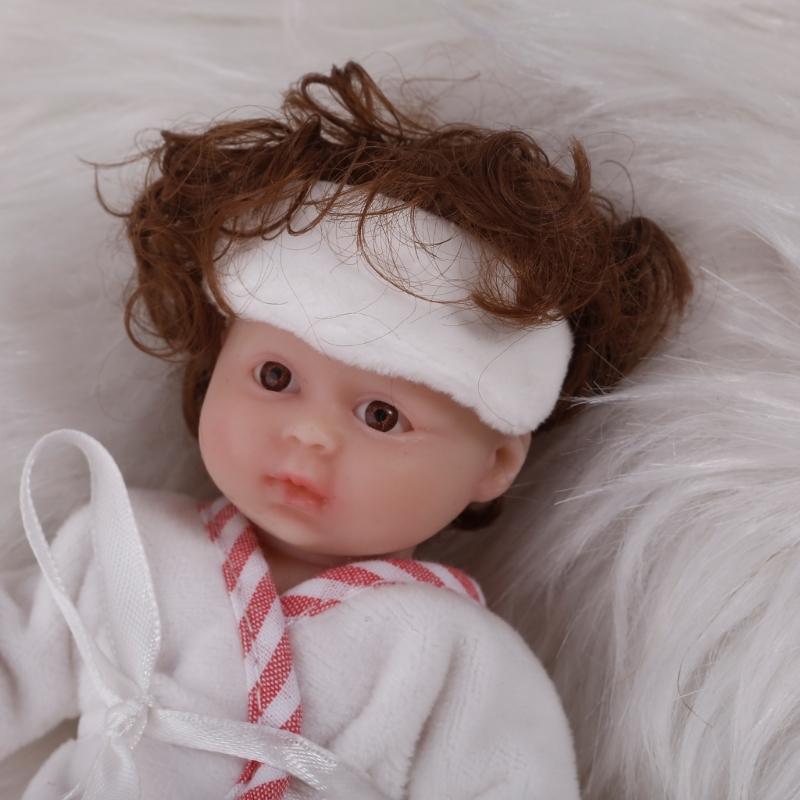 6'' Reborns Doll Mini Newborn Girl Doll Full Body Soft Silicone Life Like Doll with Brown Hair Realistic Doll Baby Toy