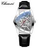 CHENXI Men's Triangle Skeleton Mechanical Watch Unique Design Water Resistant Luminous Stainless Steel/Black Leather Strap Business Watches