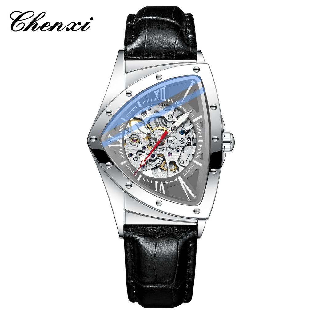 CHENXI Men's Triangle Skeleton Mechanical Watch Unique Design Water Resistant Luminous Stainless Steel/Black Leather Strap Business Watches