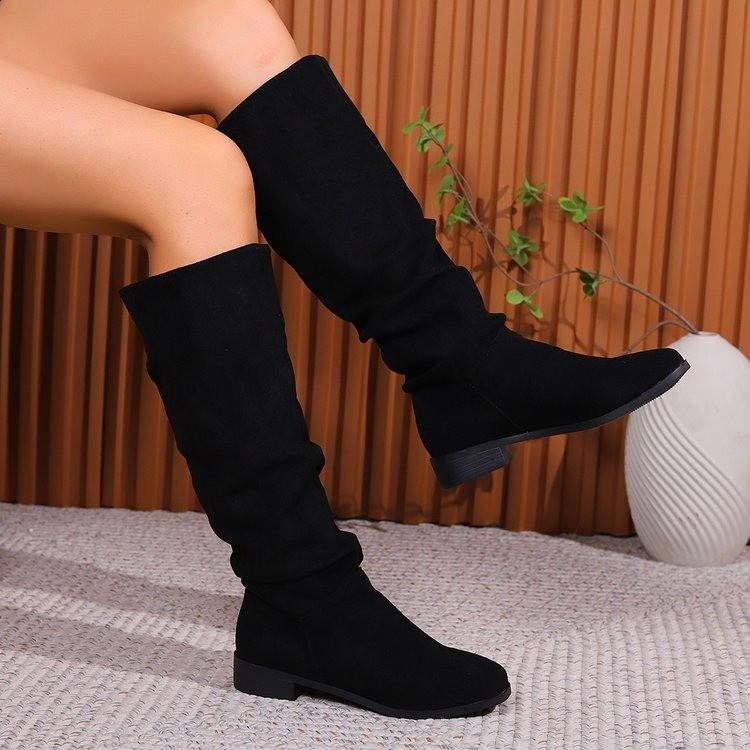 

2024 Women Mid Calf Boots Retro High Heels Solid Color Women Shoes Round Toe Rome Females Low Heels Boots Botas De Mujer 38 чёрный