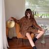 Elegant Women's Coffee Print Long Sleeve Shirt & Shorts Set, Spring-Summer 2025