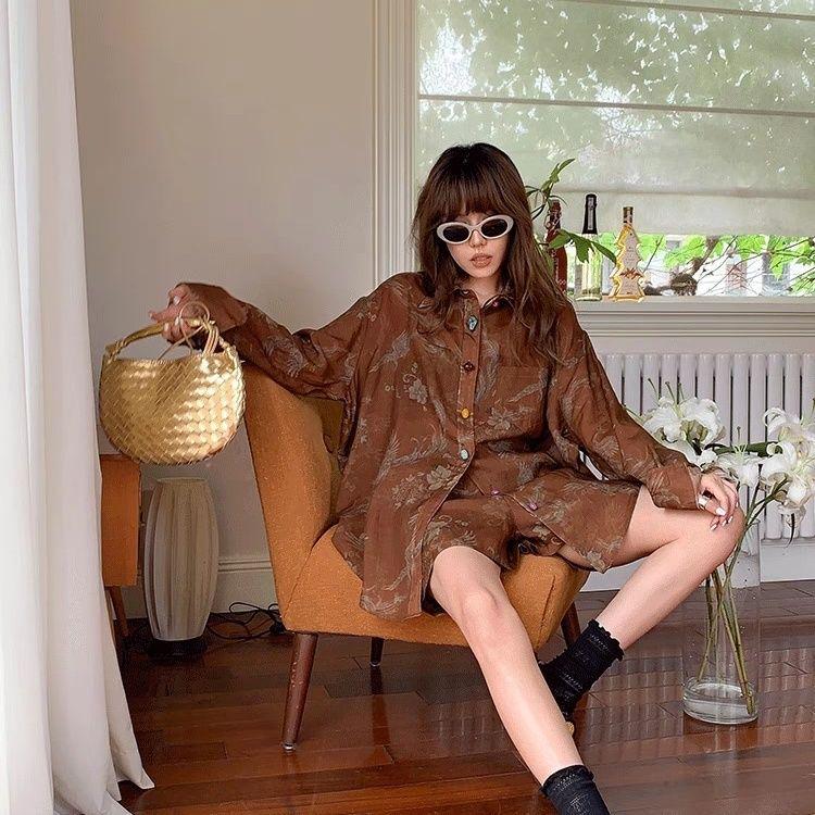 Elegant Women's Coffee Print Long Sleeve Shirt & Shorts Set, Spring-Summer 2025