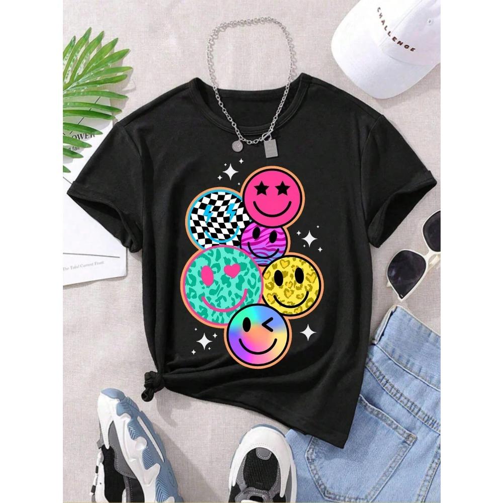 Cartoon Smiley Gesicht Aufdruck Damen T-Shirt Lässiger Vielseitiger Stil Geeignet für Ausflüge und Tägliches Tragen Damen Oberteil