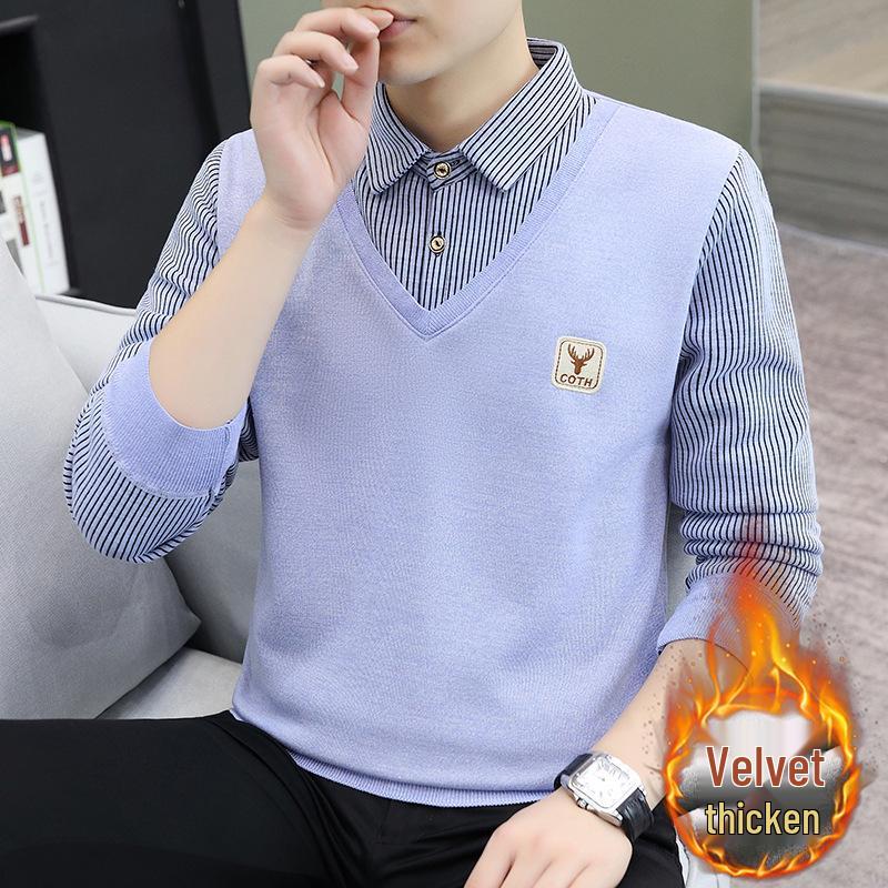 Men's Fleece-Lined Two-Piece Winter Sweater Knitwear with Long Sleeves