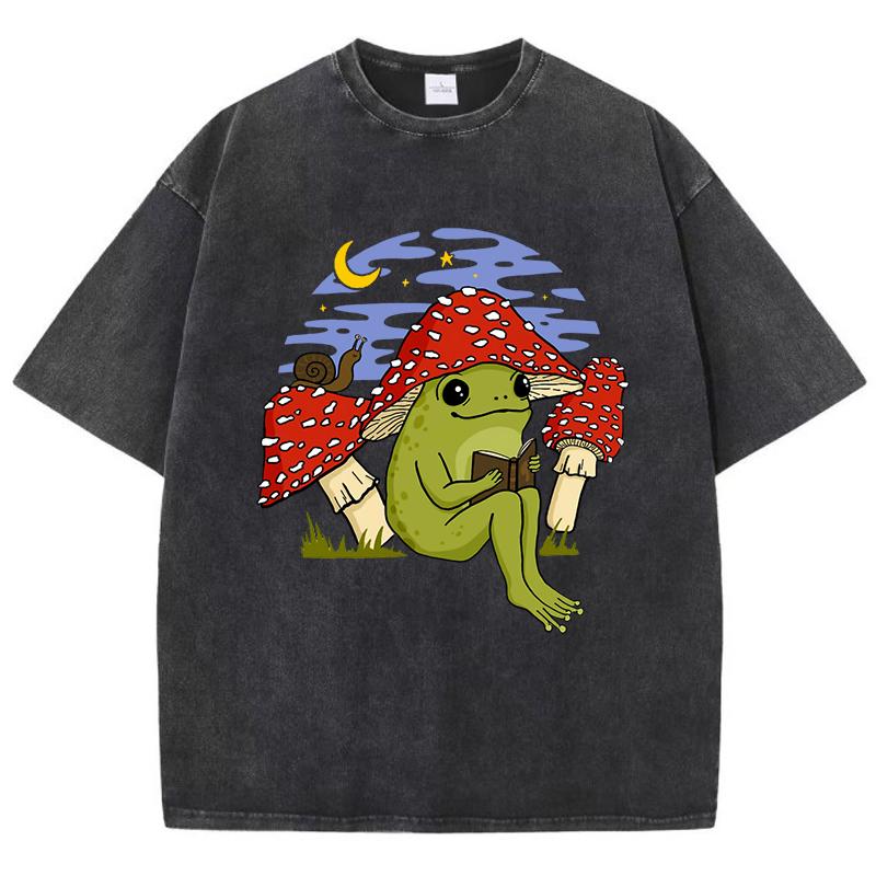 Cute Frog Mushroom Hat Reading Book Print Washed T-Shirt Women Jogging Cotton T Shirts Vintage Clothes Loose Short Sleeve