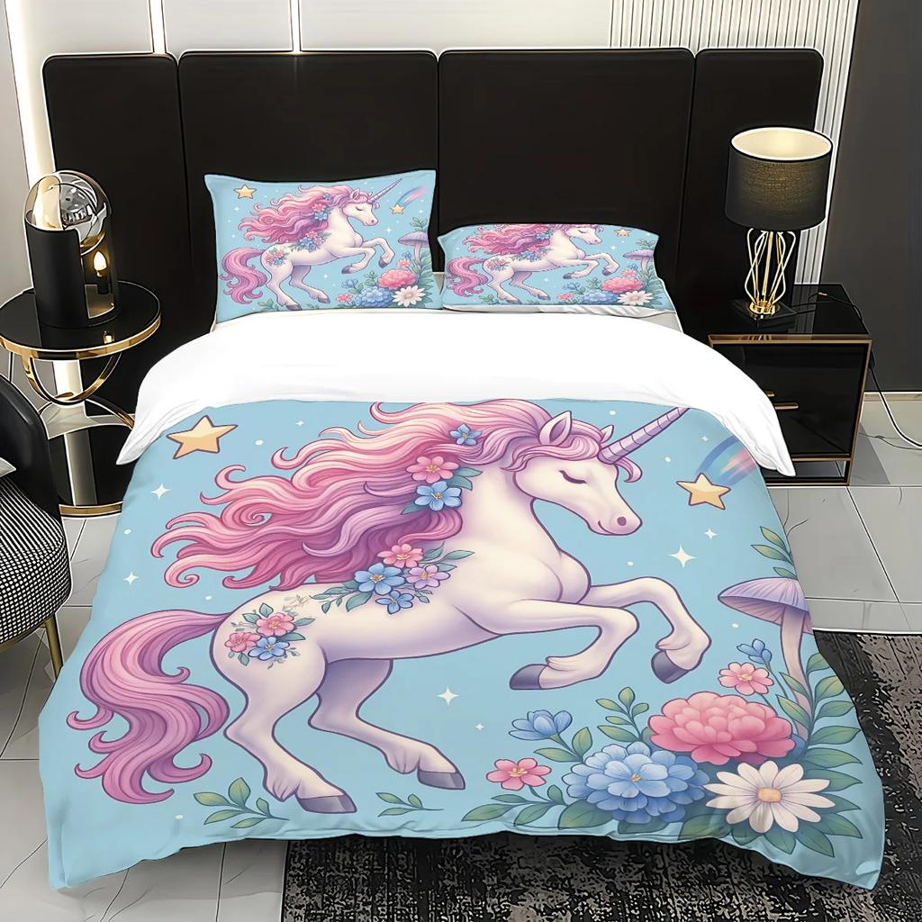 3-Piece Set Of Dreamy Unicorn Print 1 Down Duvet Cover+2 Pillowcases No Core. Soft And Comfortable Machine Washable