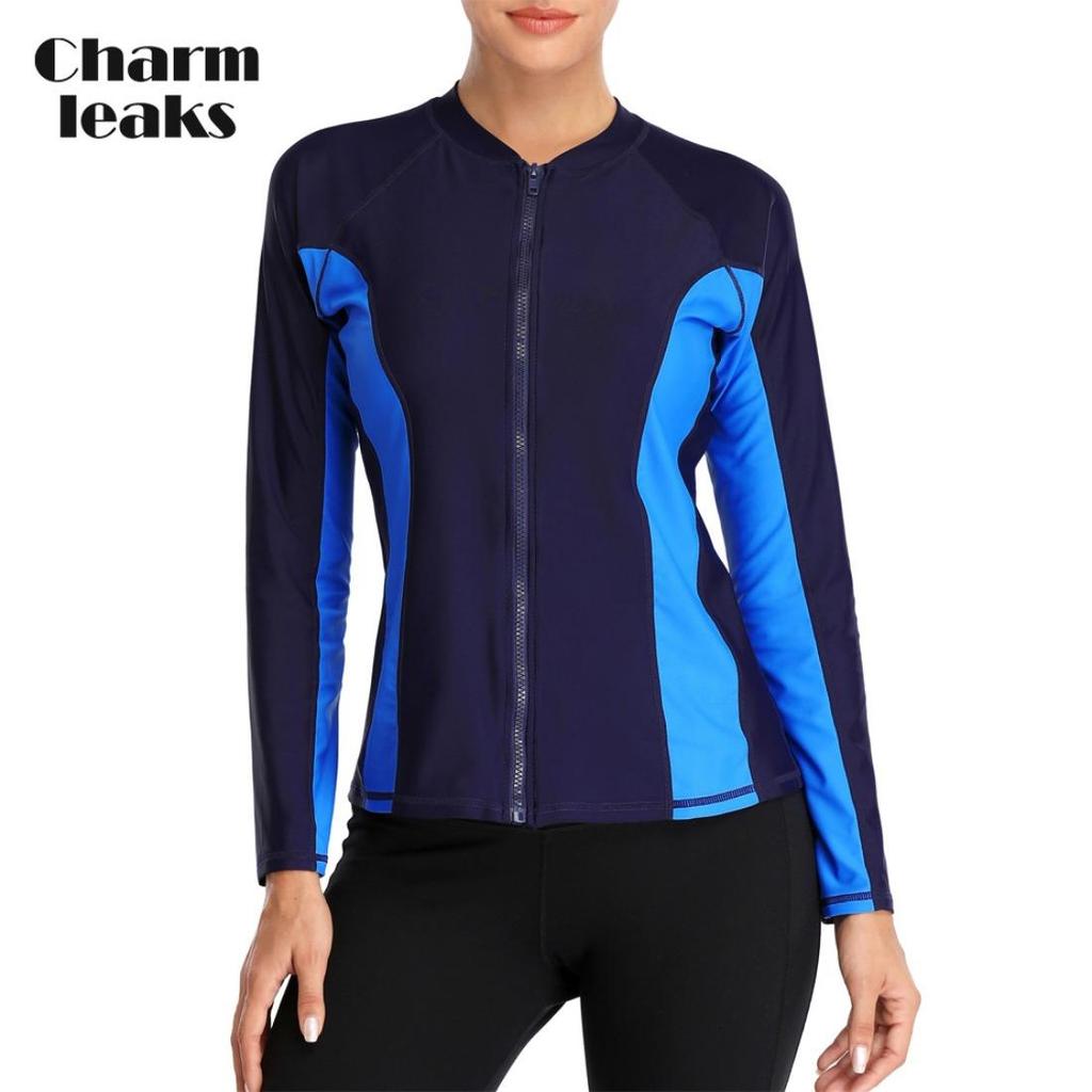 CHARMLEAKS Women Long Sleeve Zipper Rashguard Swimsuit Surfing Top Rash Guard Zipper UPF50+ Swimwear