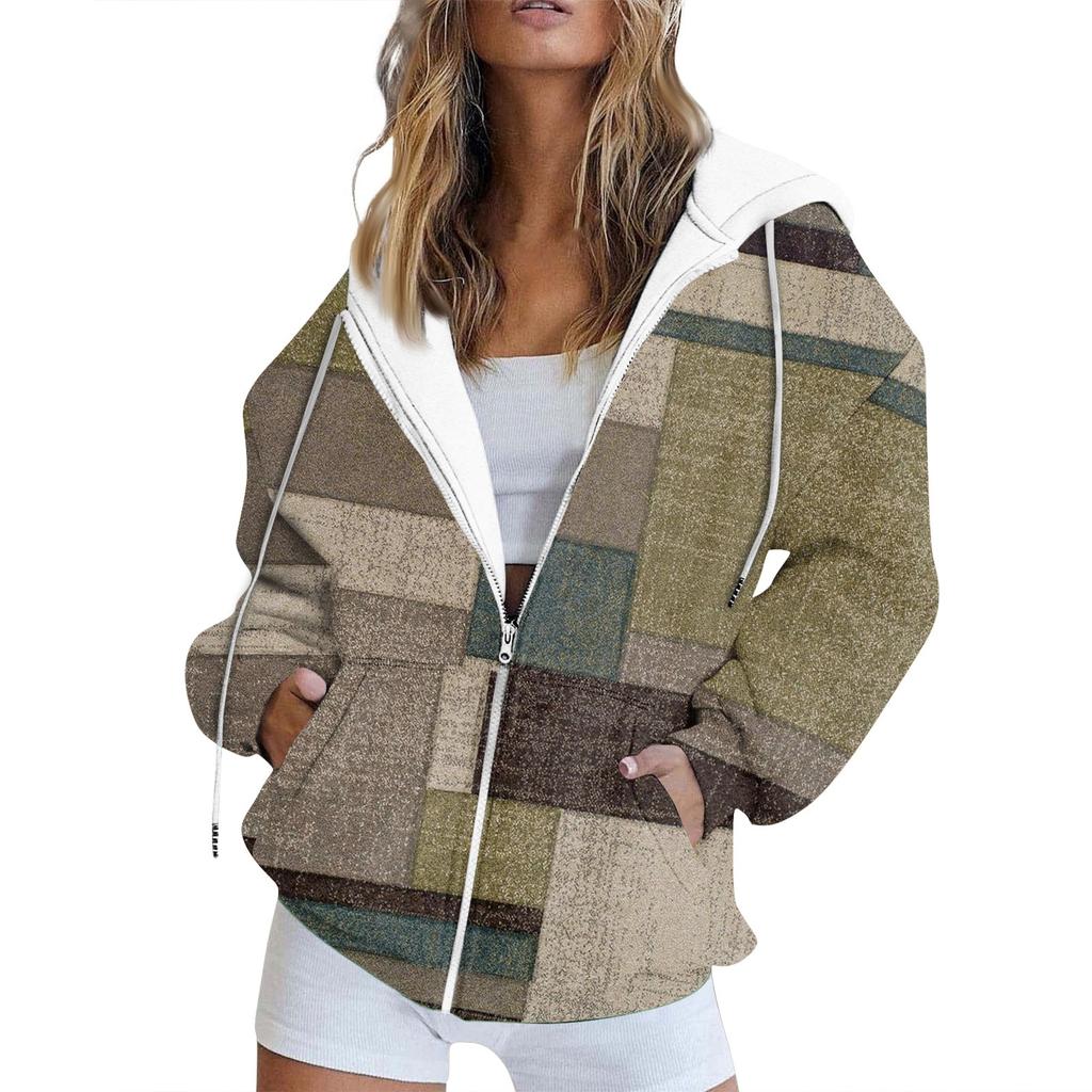 Damen Langarm Sweatshirt mit geometrischem Patchwork-Print und Tasche und Reißverschluss, Kapuzenjacke