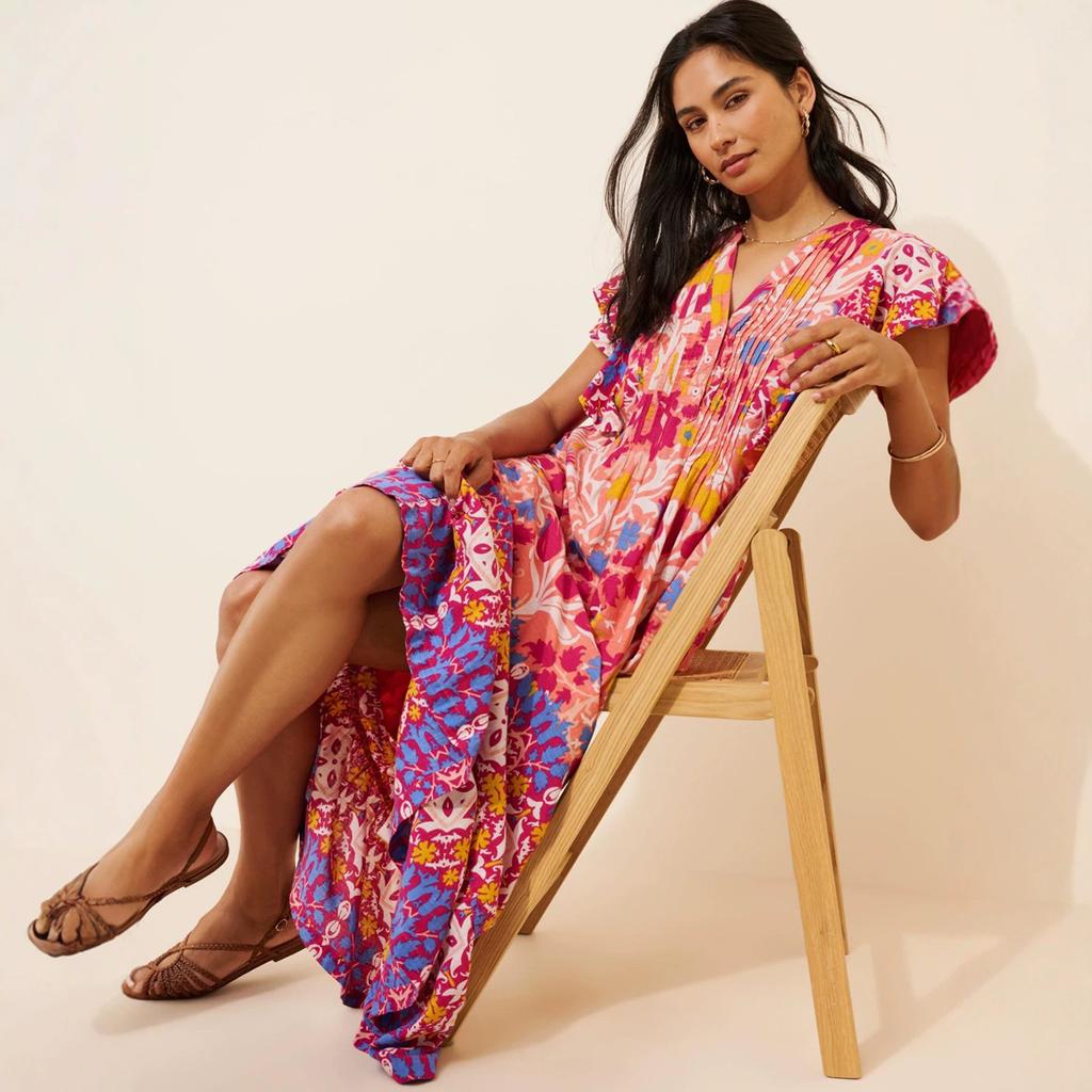 European and American Style Flower Printing V-neck Flying Sleeve Dress Women's Pleated Waist Loose and Thin Holiday Style Big Swing Dress