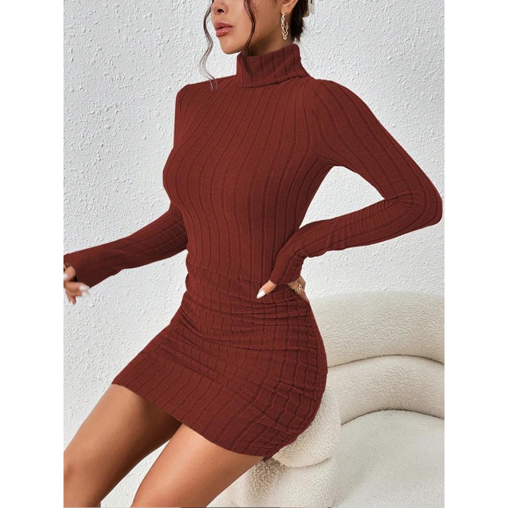 2024 Women Clothing New Solid Dresses Mini Dress Club Elegant Party Dresses Black Solid Turtleneck Long Sleeves SheathDress