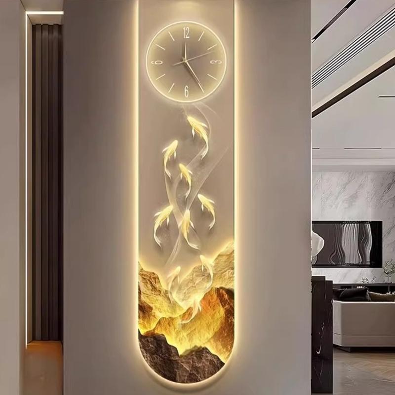 Modern Design Entrance Hall 3D Wall Clock Villa Mute Digital Clock Corridor Wall Decor Decoration Golden LED Light Painting