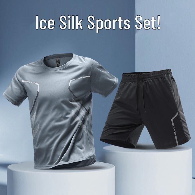 Men's Quick-Dry Ice Silk Sportswear Set - Short Sleeve T-Shirt & Shorts for Running, Summer Fitness, and Football Training.