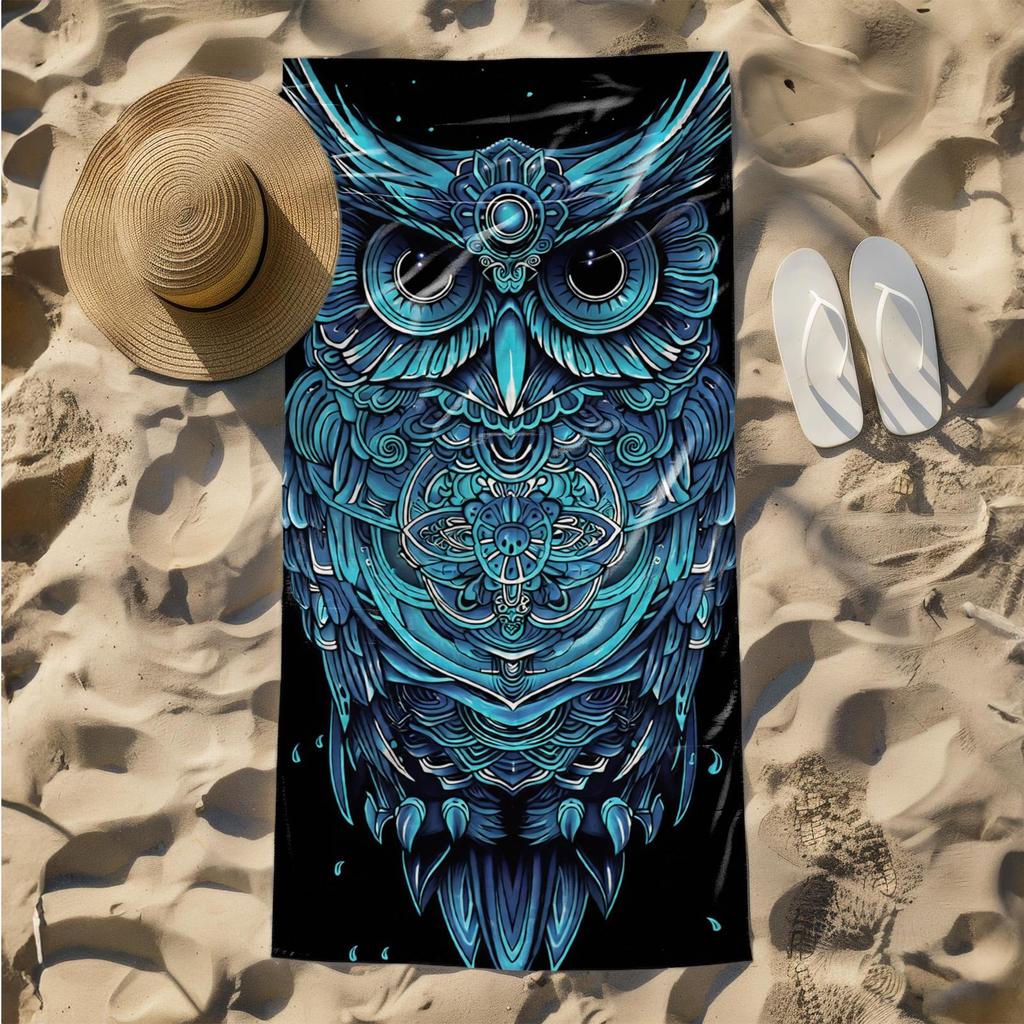 1pc Futuristic Owl Design - Neon Aesthetic Art 2D Printed Microfiber Beach Towel, quick dry super absorbent. Great for beach