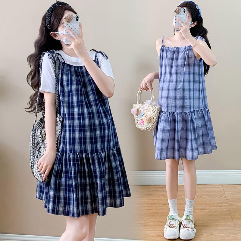 2026 Fashionable Loose Maternity T-Shirt & Plaid Suspender Dress 2XL
