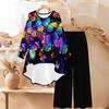 Geometric Pattern Print Two Piece Outfit Women Long Sleeve Irregular Hem Tunic Top Wide Leg Pants Casual Matching Set