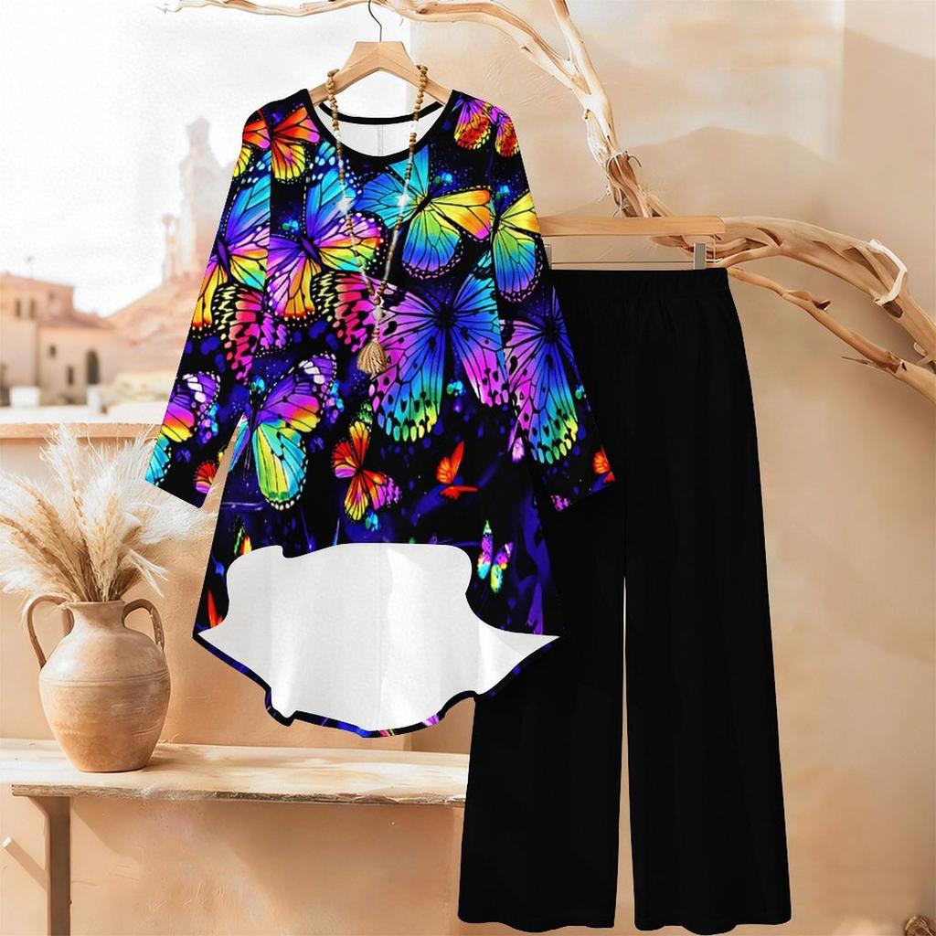 Geometric Pattern Print Two Piece Outfit Women Long Sleeve Irregular Hem Tunic Top Wide Leg Pants Casual Matching Set