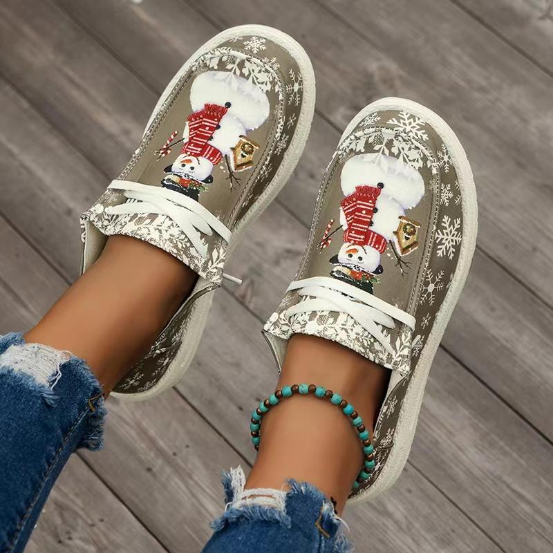 Christmas Snowman Reindeer Pattern Printed Loafers New Fashionable Lace Up Vulcanized Shoes Canvas Women's Flat Shoes Zapatos