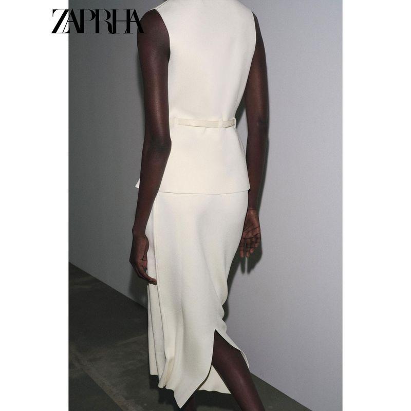 Zaprha 2025 Summer New Western Style Simple Hem Split All-Match Knitted Midi High-Waisted Skirt 4192063