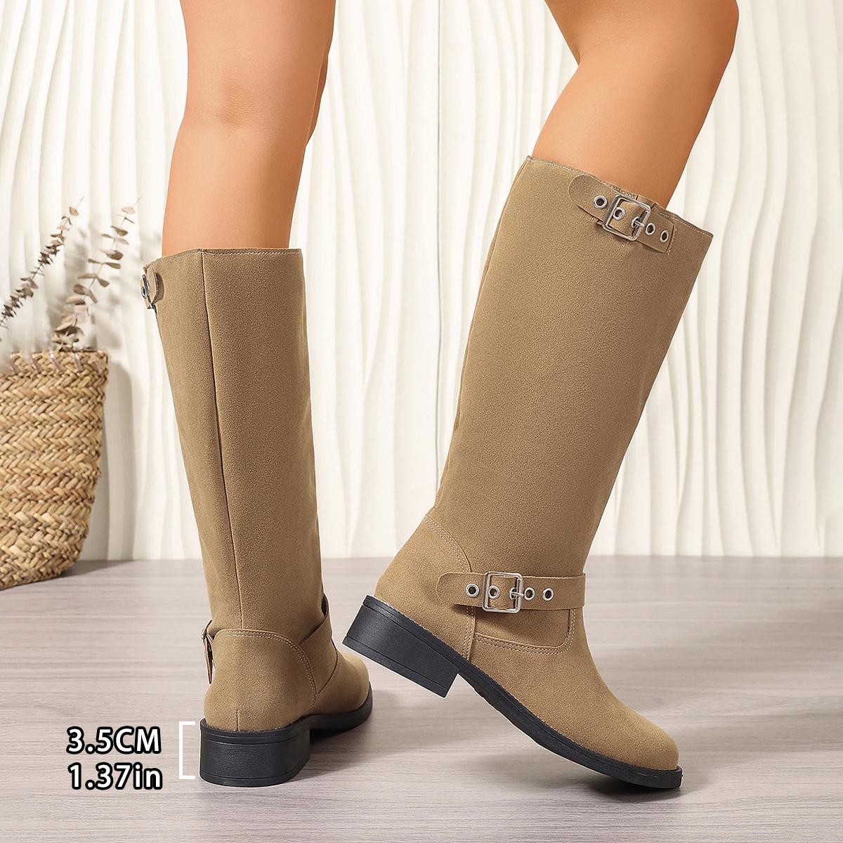 

British Style Square Heel Mid-calf Knight Boots Women s Boots Fashionable Durable Buckle Decoration Retro Suede Boot Botas Mujer 35 хаки