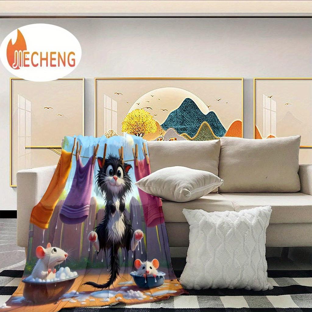 Funny cat and mouse patterns Flannel printed blanket suitable for all seasons suitable for living room office sofa and travel