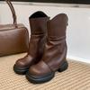 New spot short boots women's 2025 autumn and winter new thick-soled pleated medium tube pants boots heightening stacking boots retro