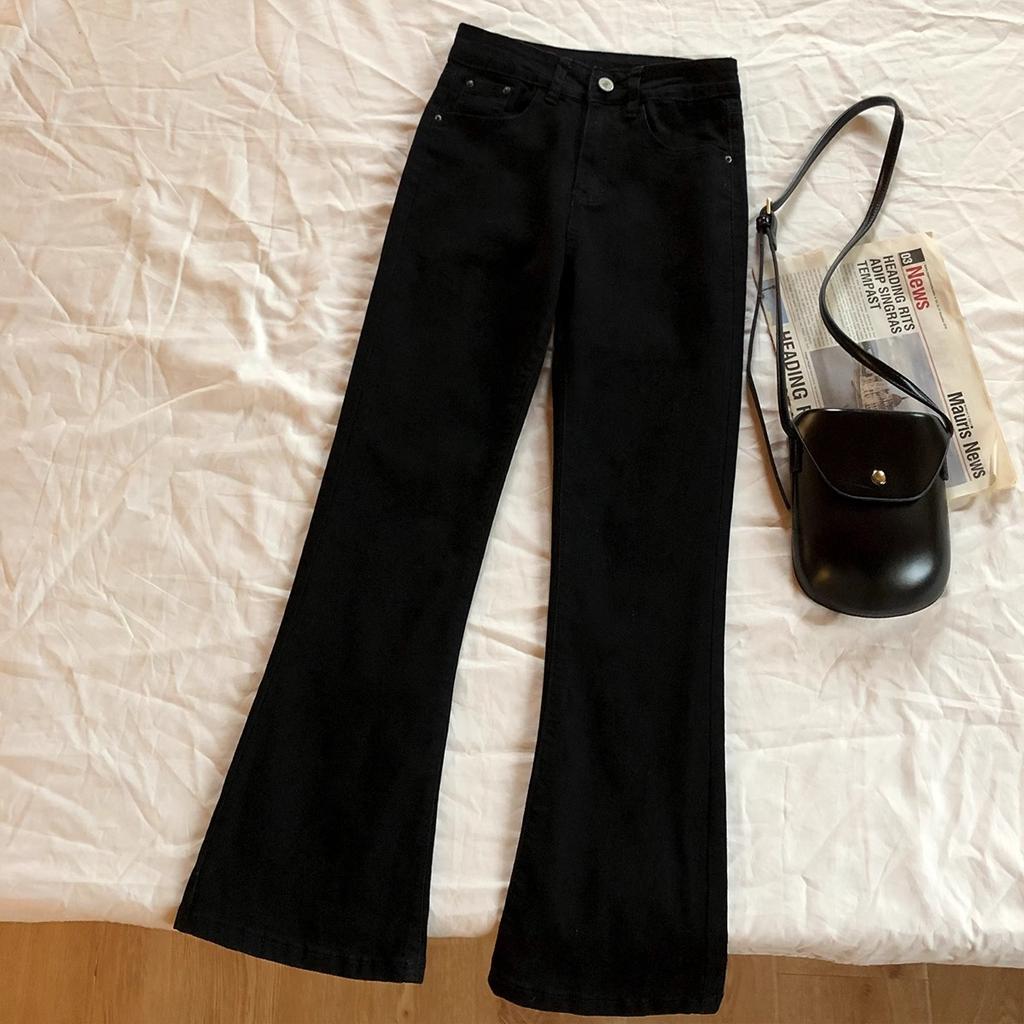 Slightly Pulled Jeans Women's Autumn and Winter Velvet High-waisted Thin Elastic Small Black Pants 89-point Flared Pants