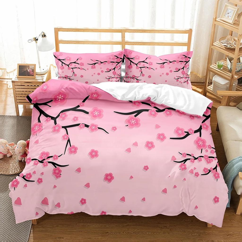 Plum Flower Duvet Cover Collection Red Flower Pattern Bedding Collection For Girls Women Polyester Comforter Cover Quilt Cover King Full Size