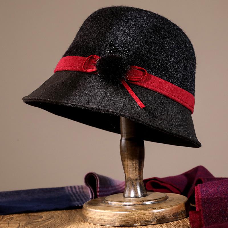Hat Female Autumn and Winter Old Man Basin Hat Elegant Fashion Top Hat Mother Flower Hairball Retro Bucket Hat