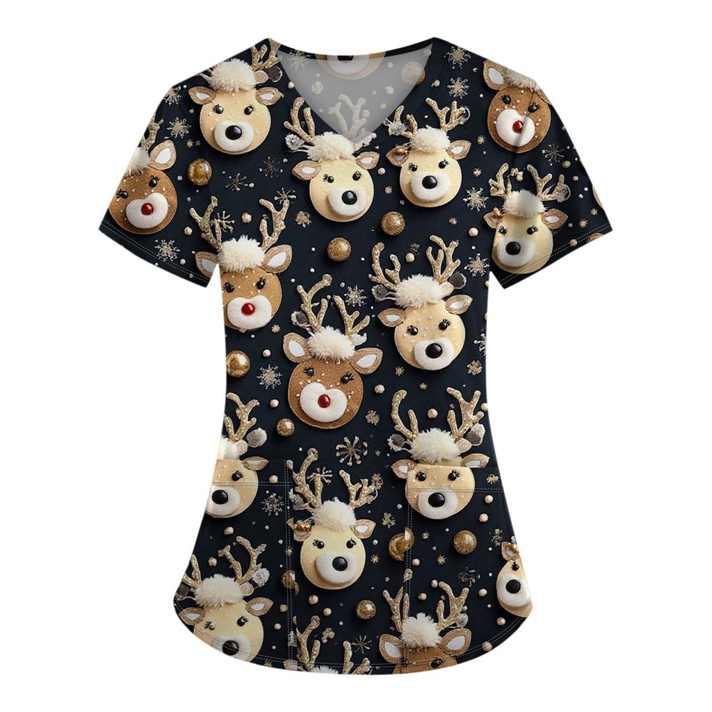 Women's Fashion Printed Short Sleeve V Neck Pattern Tops Pocket Working T-shirts