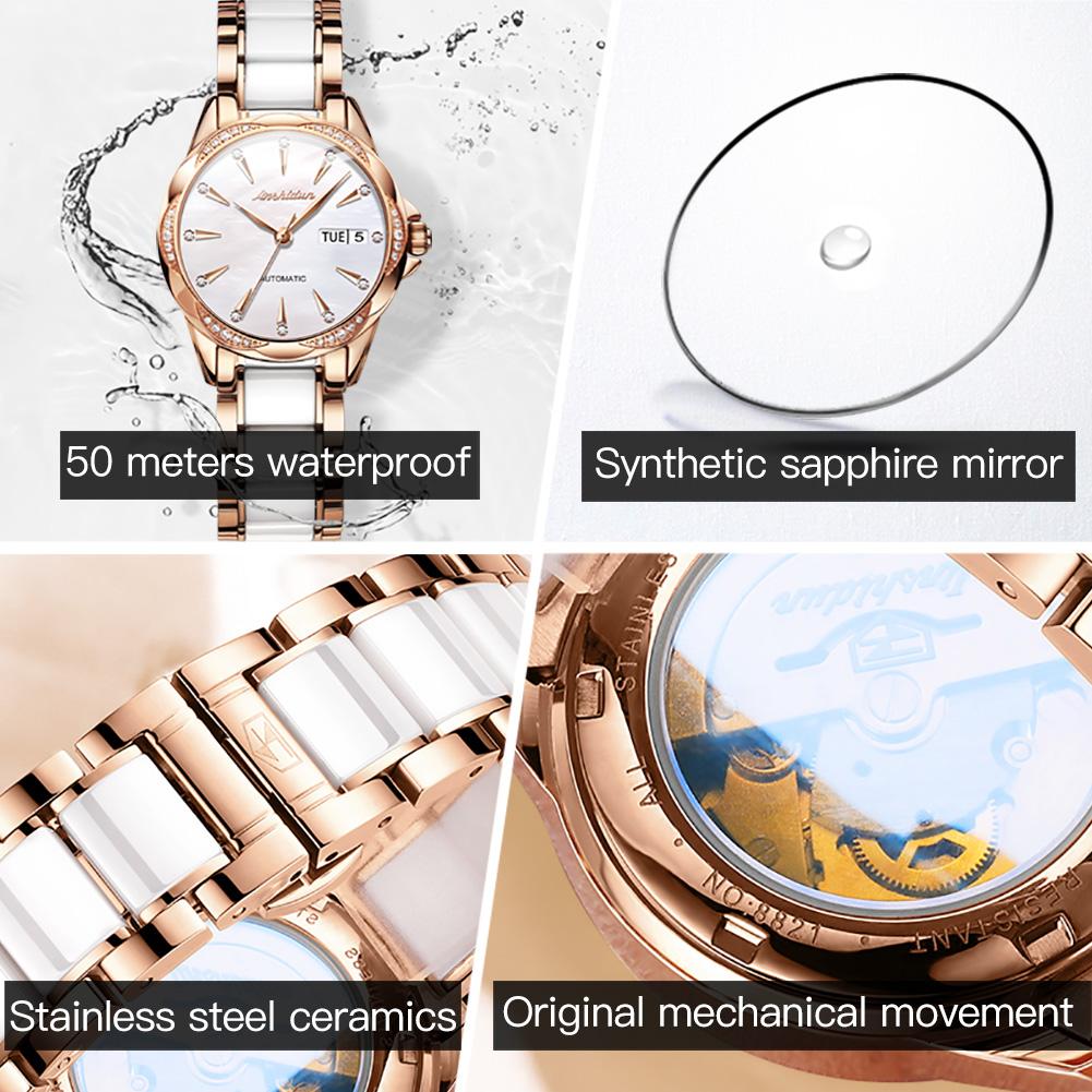 JSDUN Automatische Mechanische Uhr für Damen Luxus Diamant Perlmutt Zifferblatt Elegant Roségold Keramikarmband Damen Armbanduhren