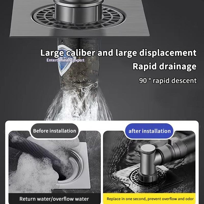 Three-Way Shower Drain Obstacle Filter Square Stainless Steel Odor Resistant Anti-Blocking Sink Strainer for Home Laundry