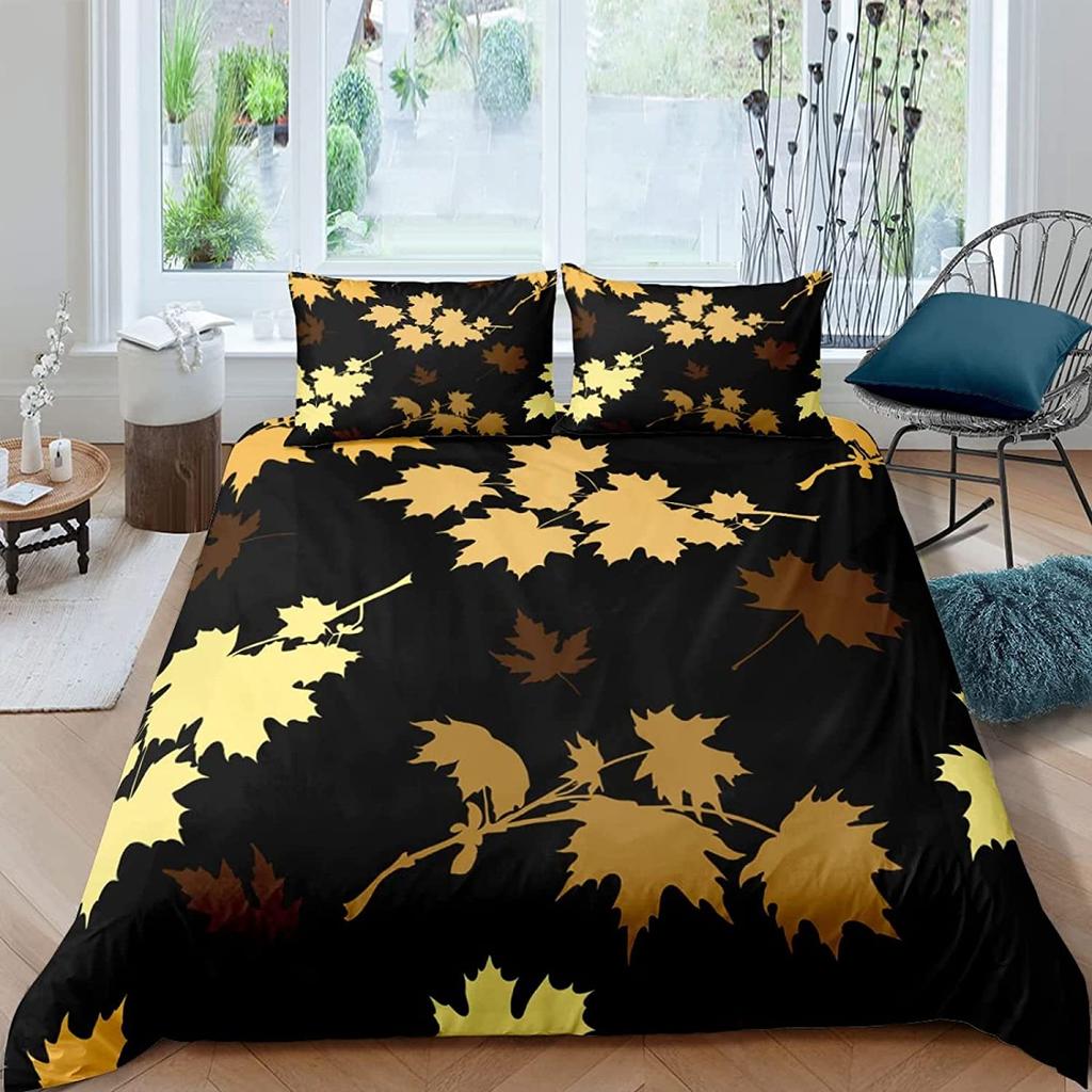 Maple Leaves Polyester Duvet Cover Set Fall Theme Comforter Cover With Pillowcase King Queen Size For Kids Boys Girl Bedding Set