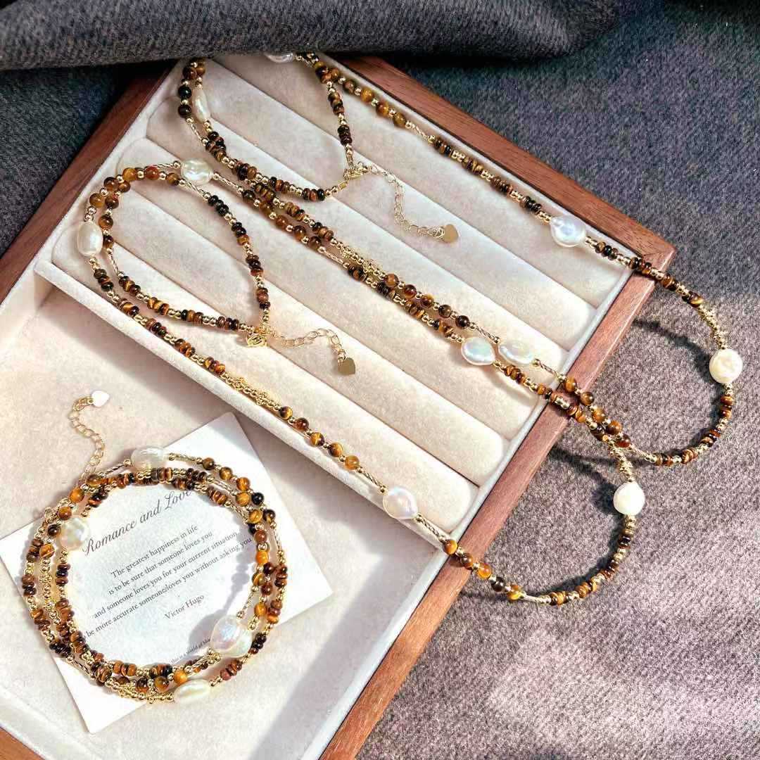

Maillard Vintage Natural Tiger S Eye Freshwater Baroque Pearl Sweater Chain Necklace
