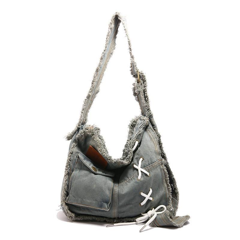 

Стильная женская джинсовая сумка, потертая, с необработанными краями, для работы, большая вместимость, на одно плечо, через плечо светло-синий