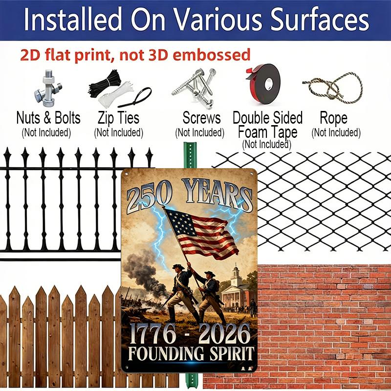 2D Flat Decorative 8×12 Inch Aluminum Plaque Metal Sign | 250 Years Founding Spirit (1776-2026): Revolutionary Soldiers & US Flag; Honor America's