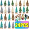 12/24PCS Mini Pine Tree Artificial Mini Trees with Wood Base Sisal Tree Bottle Brush Trees Winter Snow for Christmas Decoration