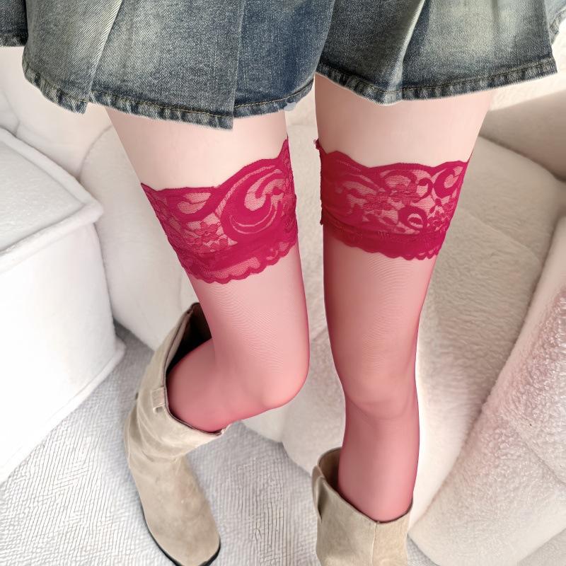 Summer lace long tube ultra-thin knee stockings thigh socks black silk high socks purple pink