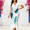 Women Plus Size V Neck Short Sleeve Leaf Printed Fitted Fishtail Dress
