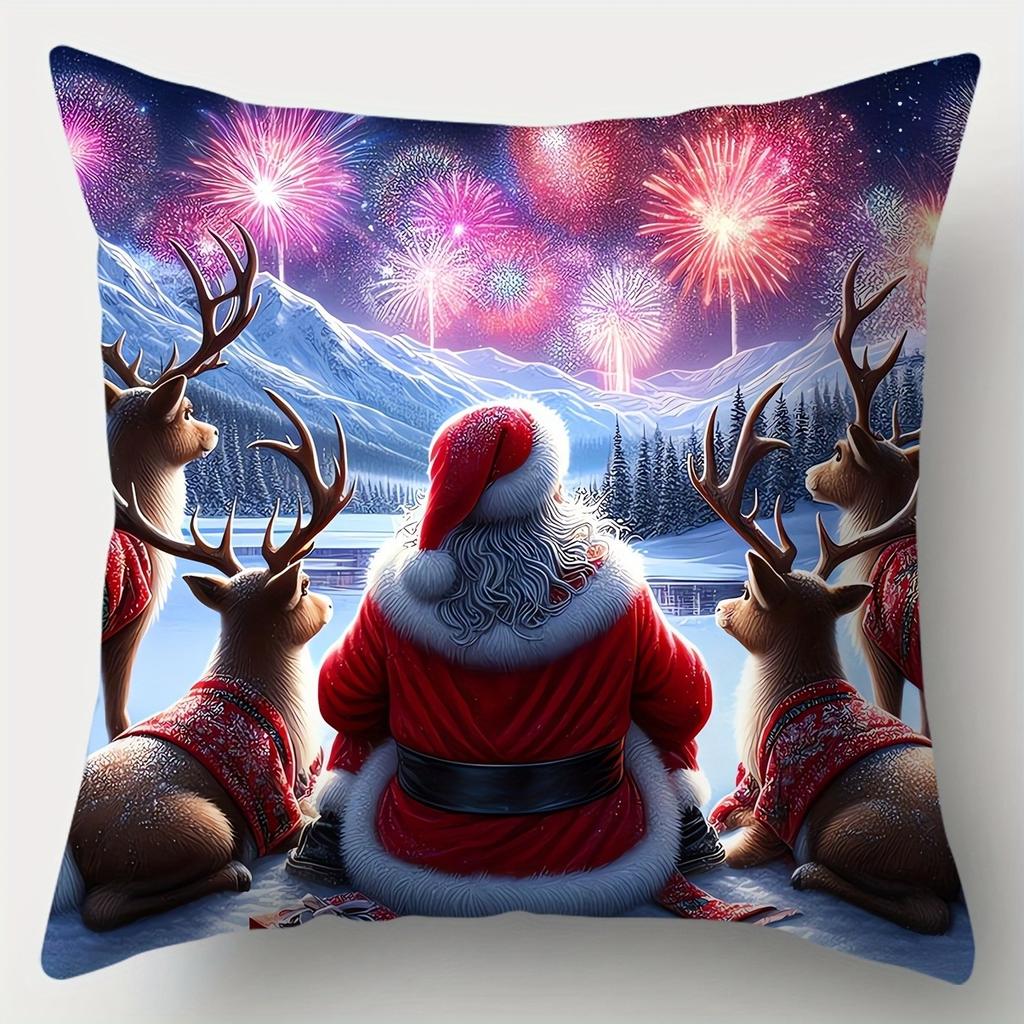 Home Decor Christmas Scenes: Santa, Deer, Snowmen Decor Pattern Cushion Cover Suitable For Sofa Bedroom Car Pillow Cover
