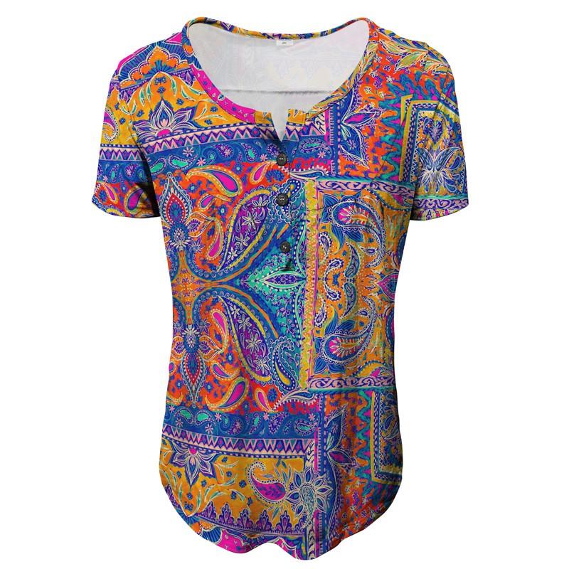 Ladies Casual V Neck Short Sleeve T-Shirt Print Button Top