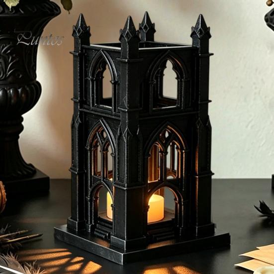 Veelzijdige Plankenstandbeeld Gotische Kathedraal LED Kaarslantaarn, Kerkvormige Vlamloze Theelichtlamp, Feestdecoratie Spookachtige Vintage Bureau Nachtlamp