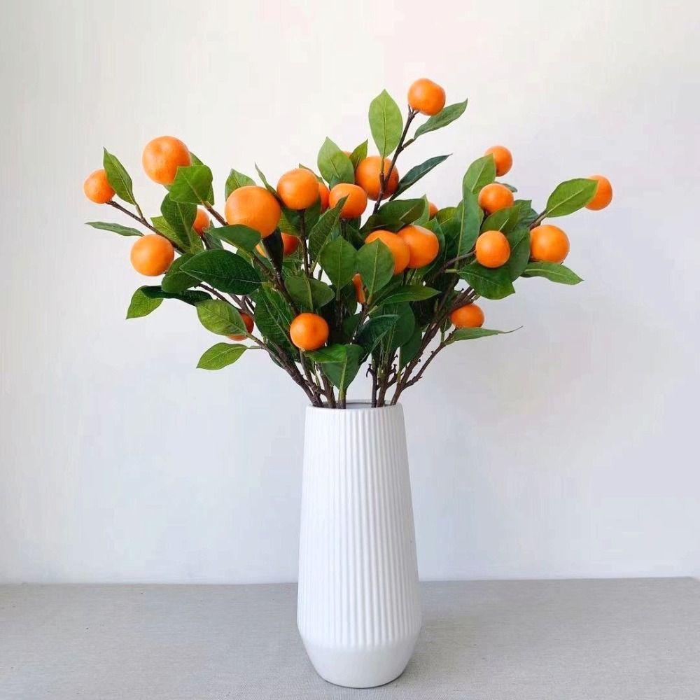 Plastic Realistic Imitation Fruit Stem Green Leaves Simulation Orange  Wall Hanging Decor