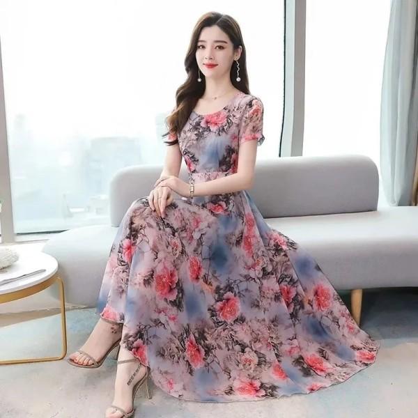 Spring and summer V-neck new fashion Korean version of ice silk printing dress waist slim knee super long dress