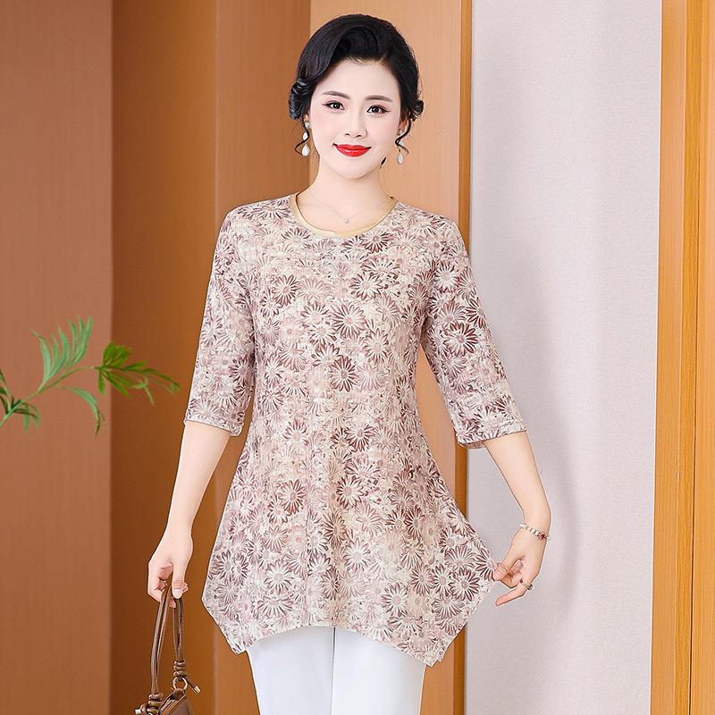 

Mid-Sleeve Round Neck Tummy-Covering Stylish Top for Middle-Aged Women 2XL (for 115-130 jin) шампанського