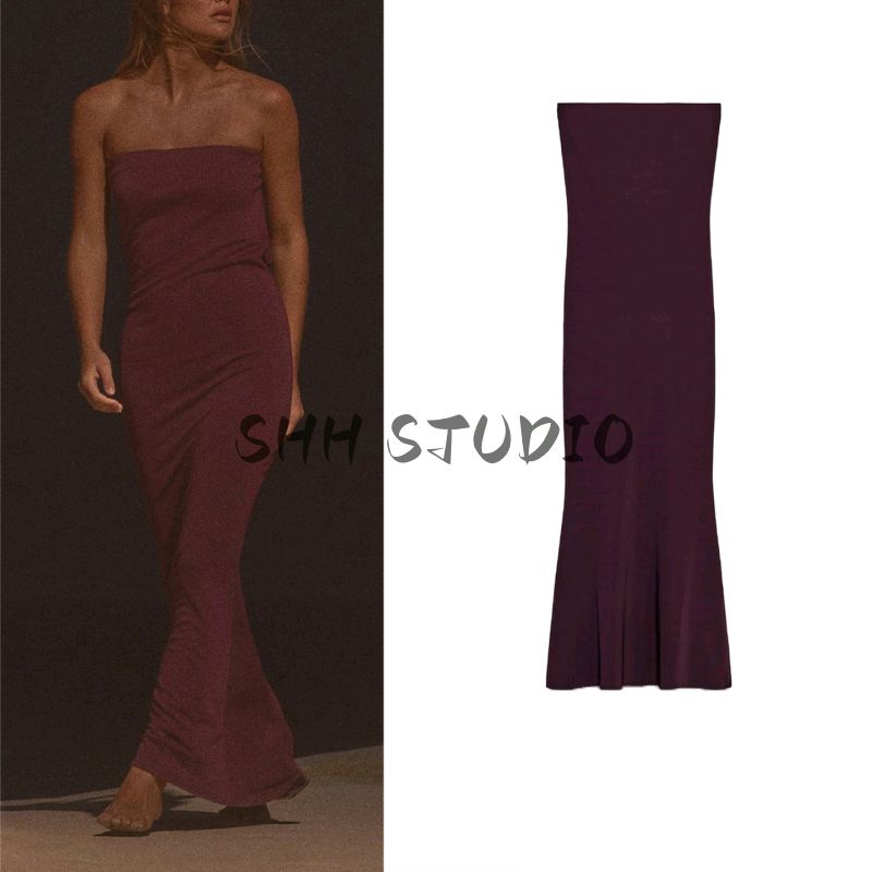 Summer Women's Pleated Draped Collar Design Strapless Straight Collar Back Sling Tube Top Long Dress 5039423