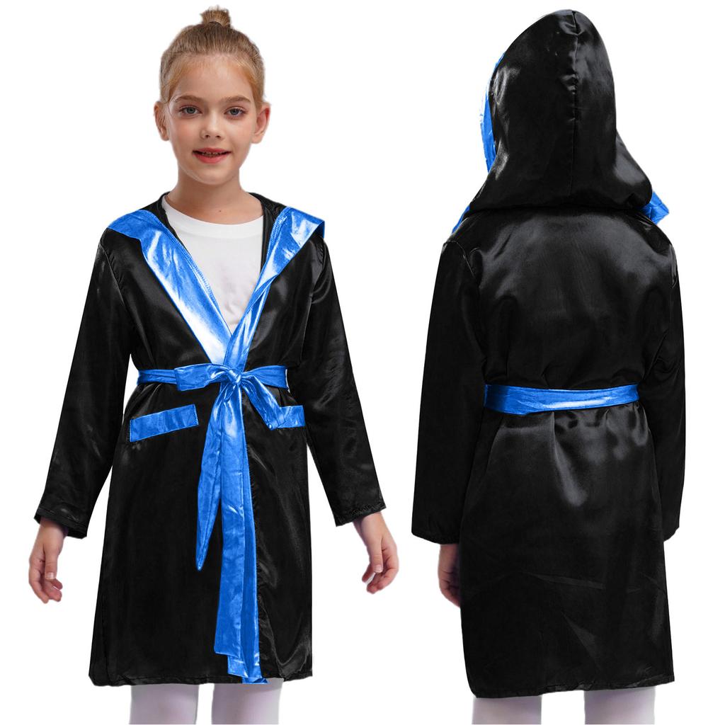 Kids Boys Boxing Robe Boxer Cosplay Costume Long Sleeve Metallic Trim Satin Hooded Cloak Kickboxing Gown for Halloween Party
