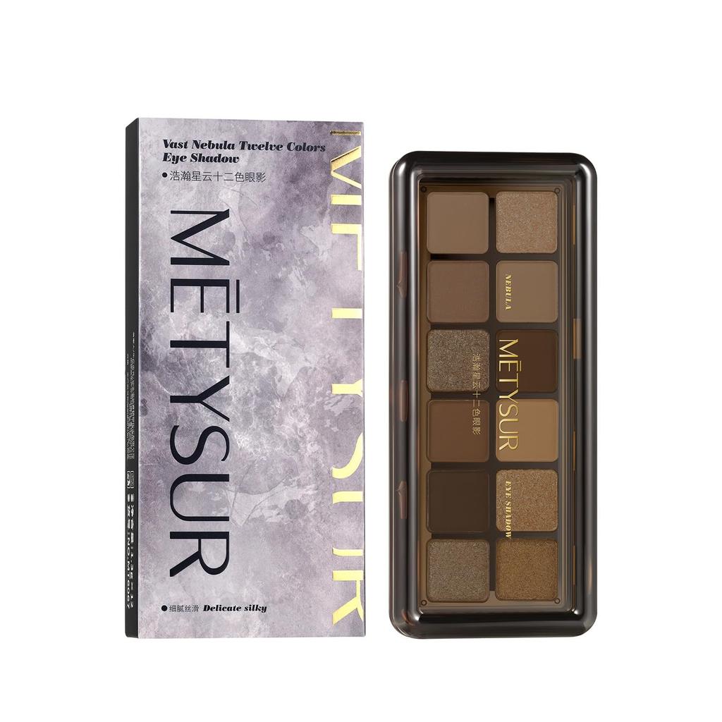 Nebula Series 12-Color Eyeshadow Palette: Pearl, Matte, and Glitter. 12-hour color retention, high pigmentation, dimension, and long-lasting wear.