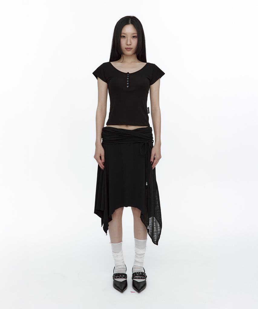 Rough Neck Knit Layer Drape Skirt Black