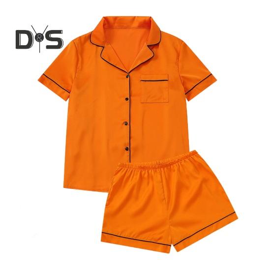 2 Stück/Set Damen Hemd Shorts Anzug V-Ausschnitt Revers Kurzärmlig Satin Einfarbig Oberteil Elastischer Bund Kurze Hose Homewear Loungewear Outfit Sommer